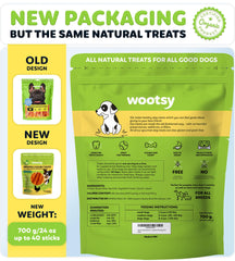 Wootsy chicken-wrapped rawhide stick packaging highlighting grain-free, high-protein dog treats.