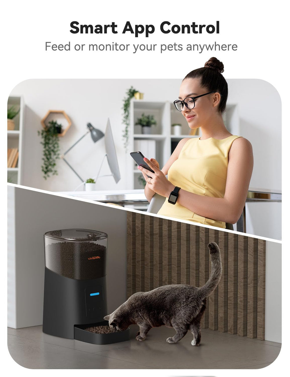 WOPET 6L feeder app control demonstrates remote meal scheduling for busy pet parents.