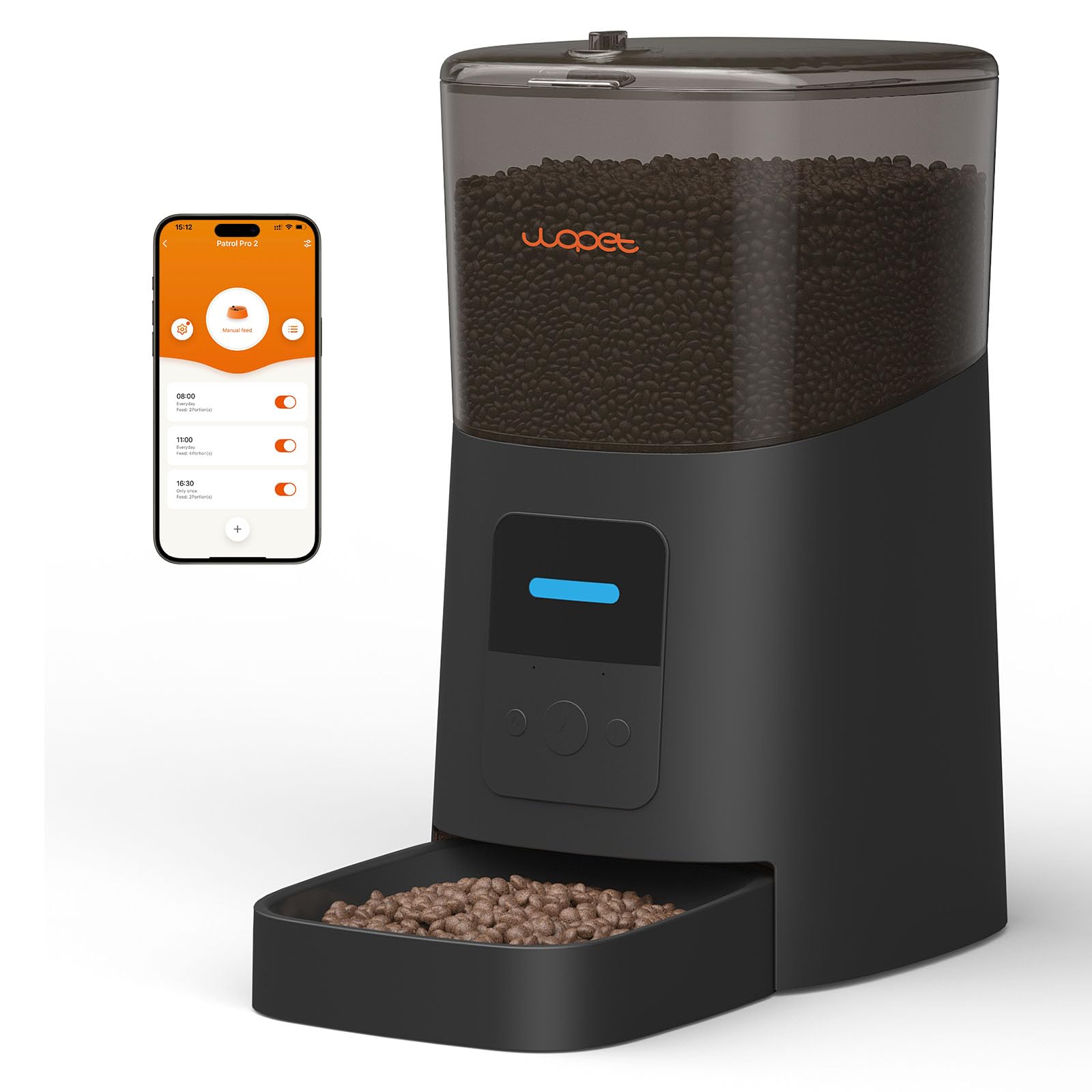 WOPET 6L automatic feeder front view highlights compact design with reliable portion control for pets.