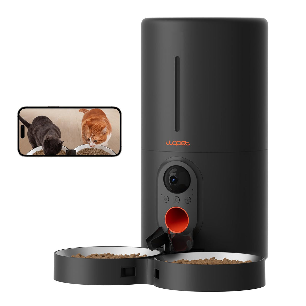 WOPET automatic feeder camera front view for live meal monitoring of two pets.