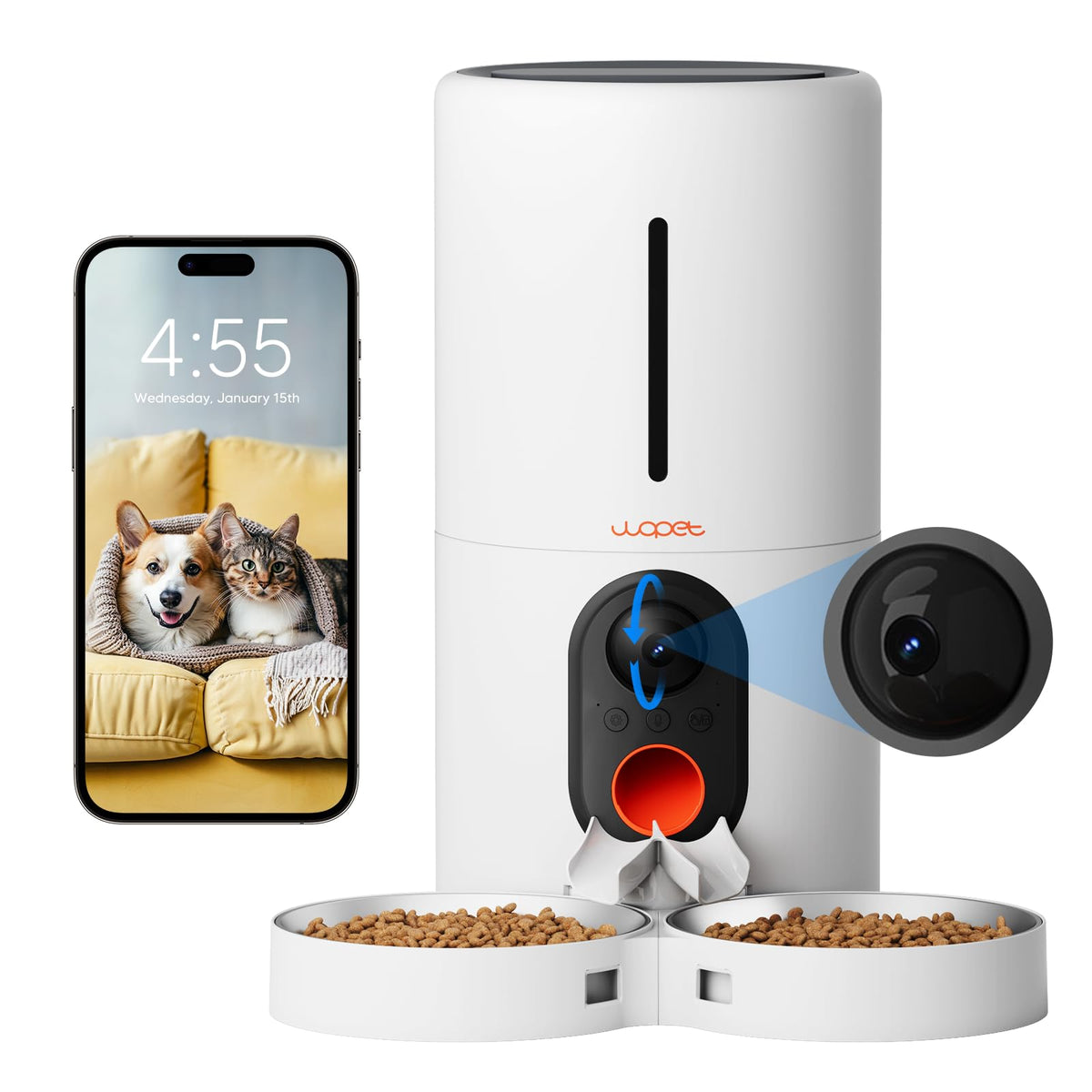 WOPET automatic feeder front view for hands-free, on-the-go feeding.