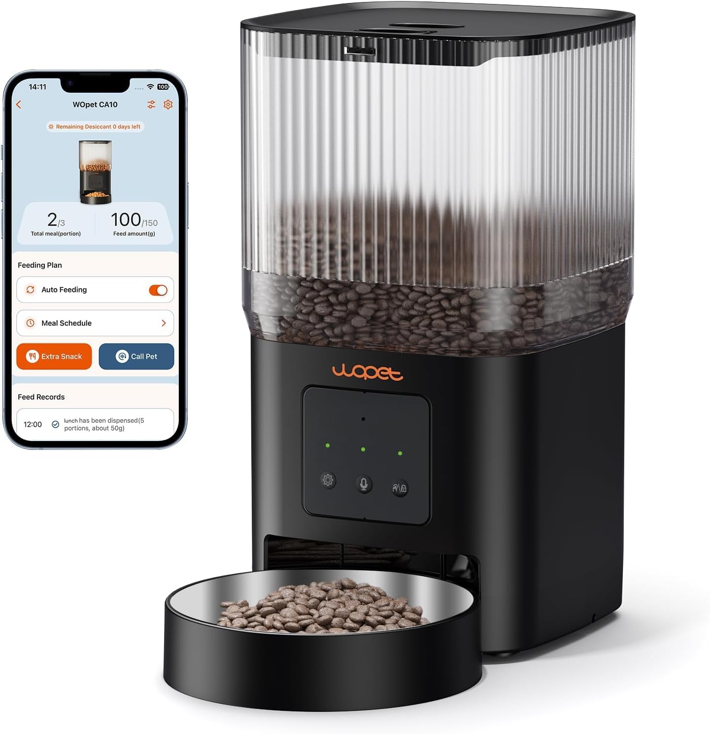 WOPET automatic feeder front view for convenient home use and discreet placement
