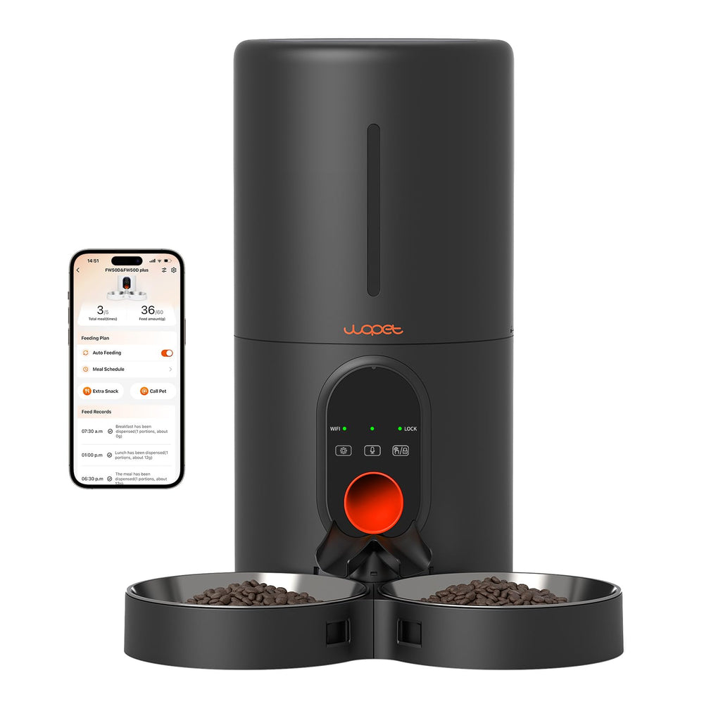 WOPET automatic feeder front view showing a sleek design for easy scheduled meals