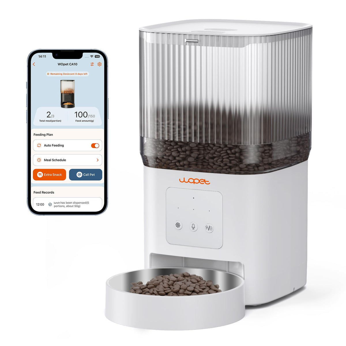 WOPET automatic feeder front view shows sleek design for easy home use and remote feeding.