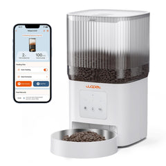 WOPET automatic feeder front view shows sleek design for easy home use and remote feeding.