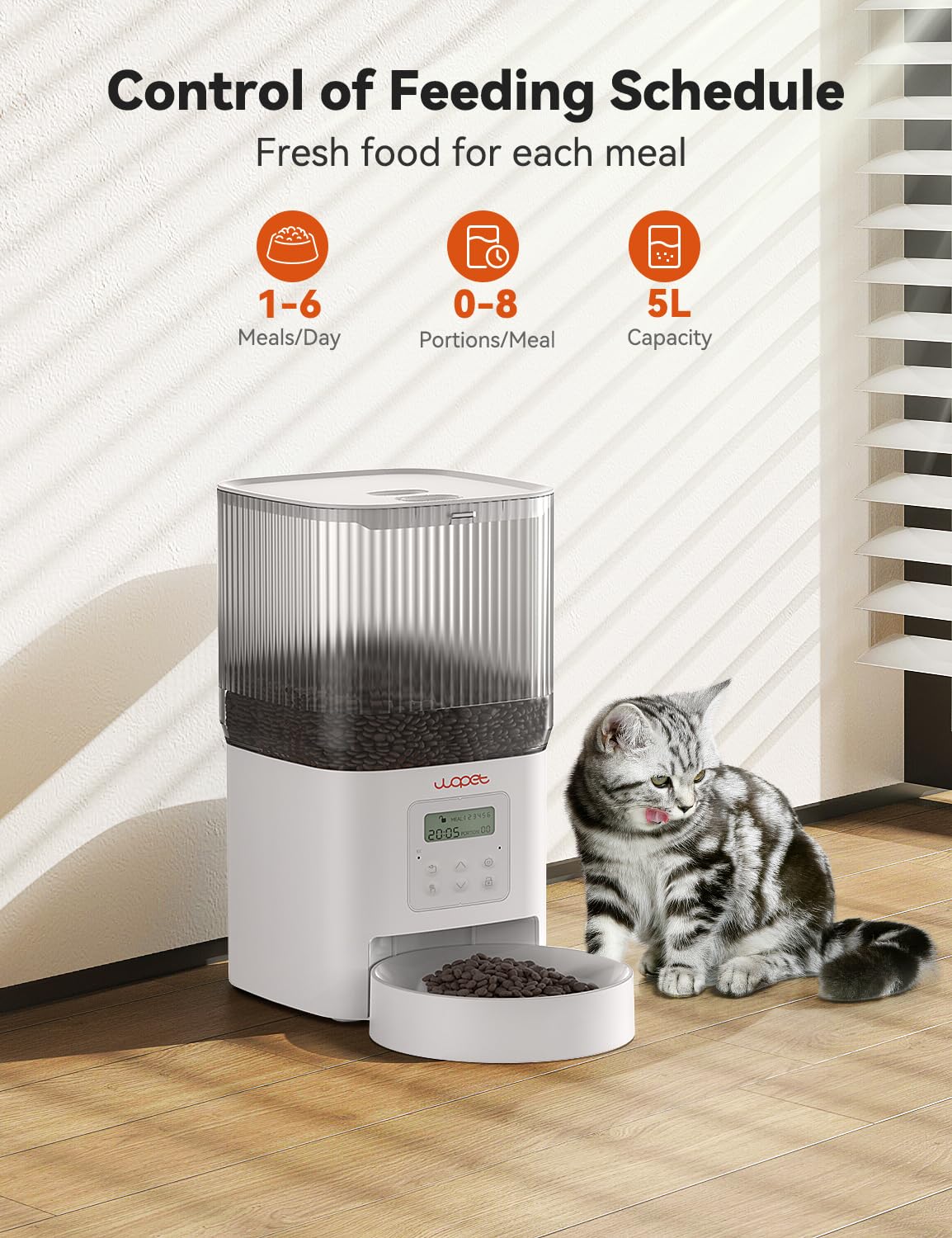 WOPET automatic feeder twist-lock-lid secures kibble and preserves flavor between meals.