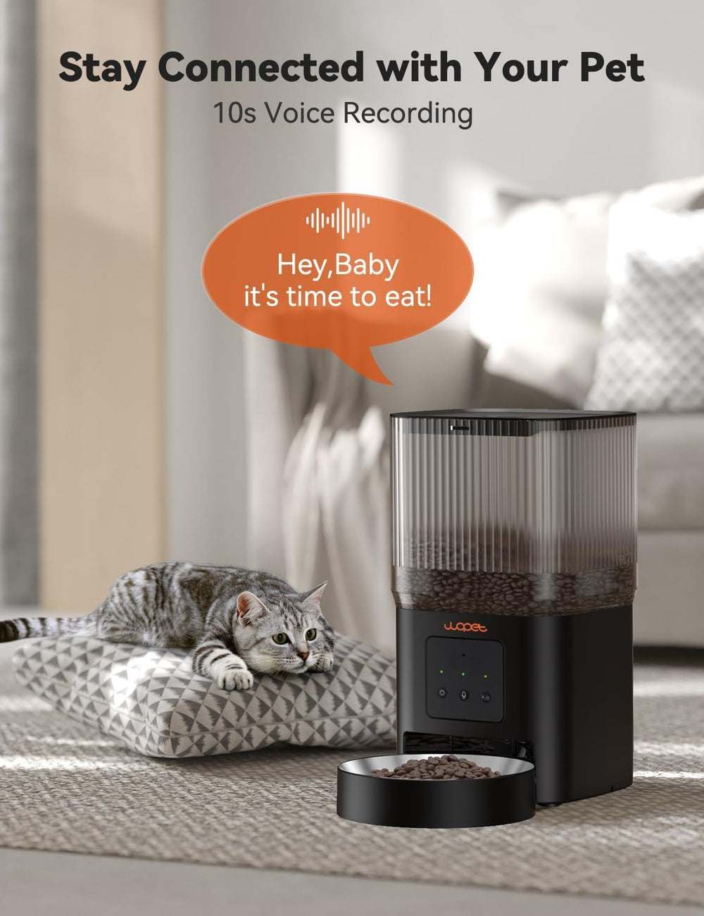 WOPET feeder voice message feature showing owner's 10-second recording