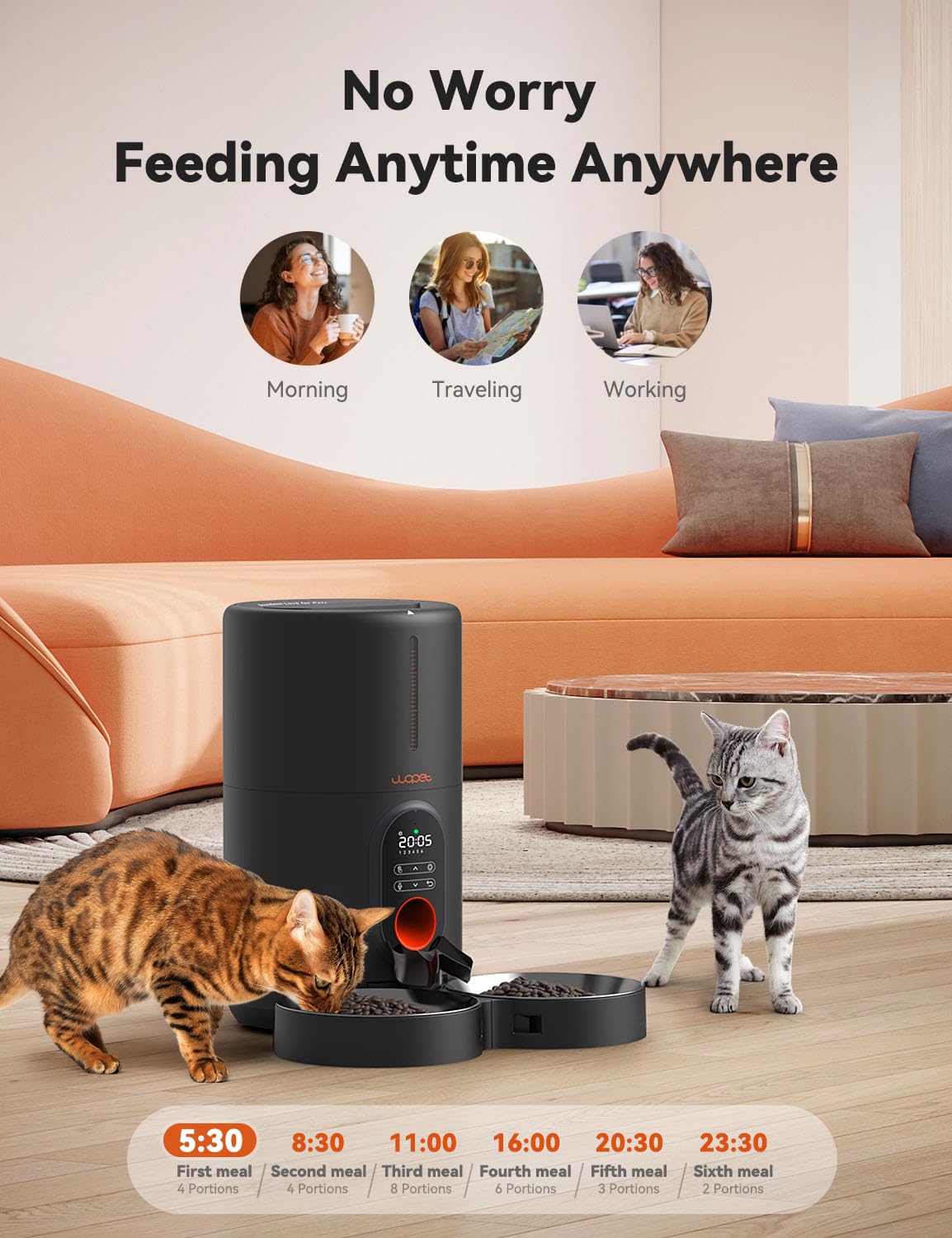 WOPET feeder voice recording invites pets to meals for smoother feeding routines.