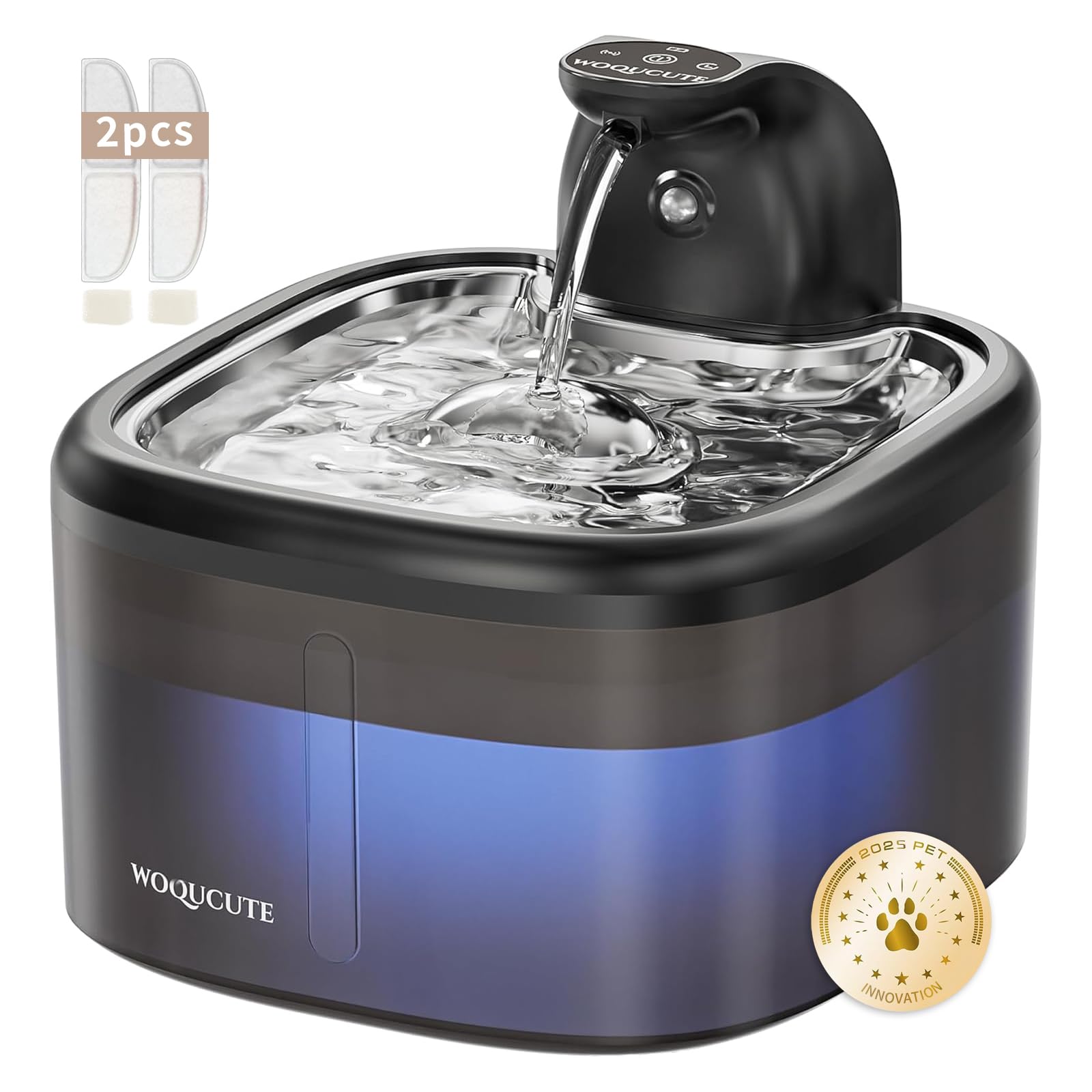 Woqucute cat water fountain cordless front view shows sleek stainless steel design for flexible placement.