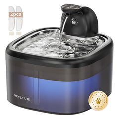 Woqucute cat water fountain cordless front view shows sleek stainless steel design for flexible placement.