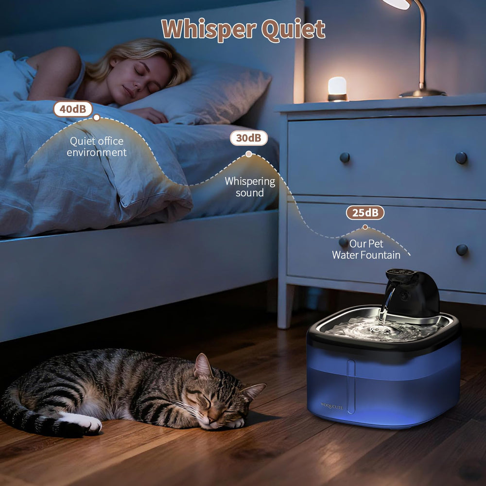 Woqucute cat water fountain water level indicator with blue light visibility and red low warning.
