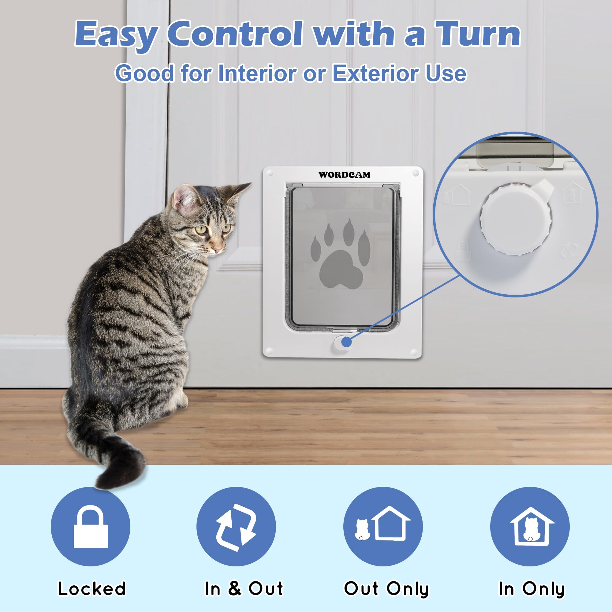 Wordcam X-Large Cat Door 4-way locking knob close-up highlights flexible access control.
