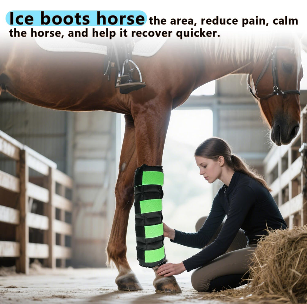 WORLD-BIO horse ice boots green color for easy visibility and identification.