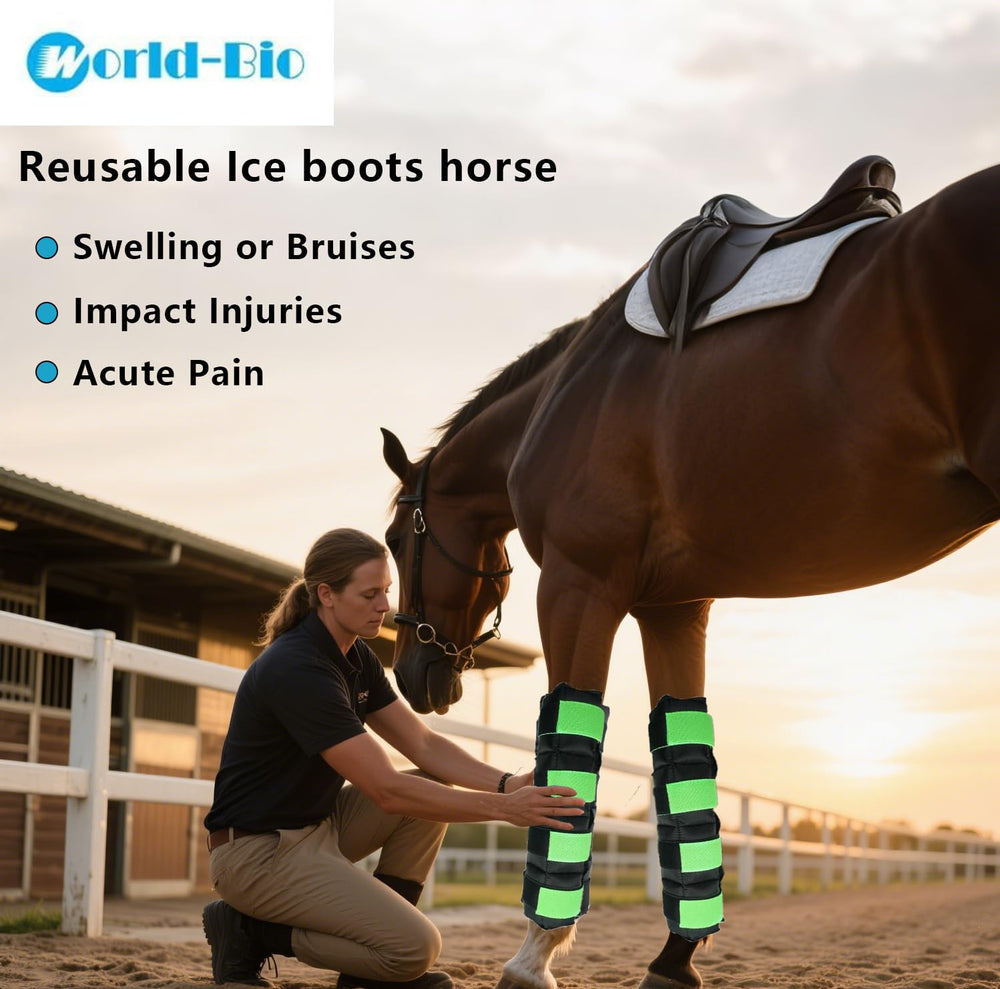 WORLD-BIO horse ice boots pre-frozen packs stay flexible for easy placement.