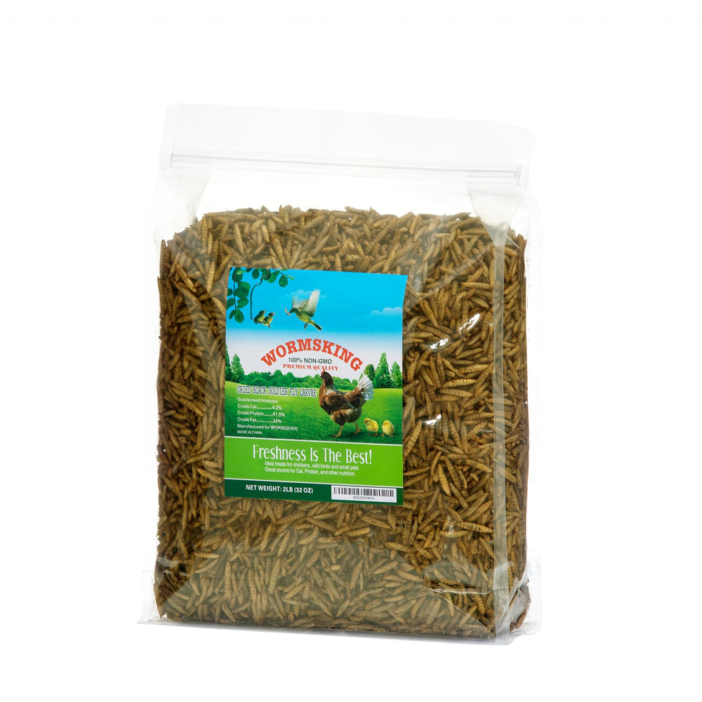 WORMSKING 2lb dried BSF larvae – protein-rich poultry treat.