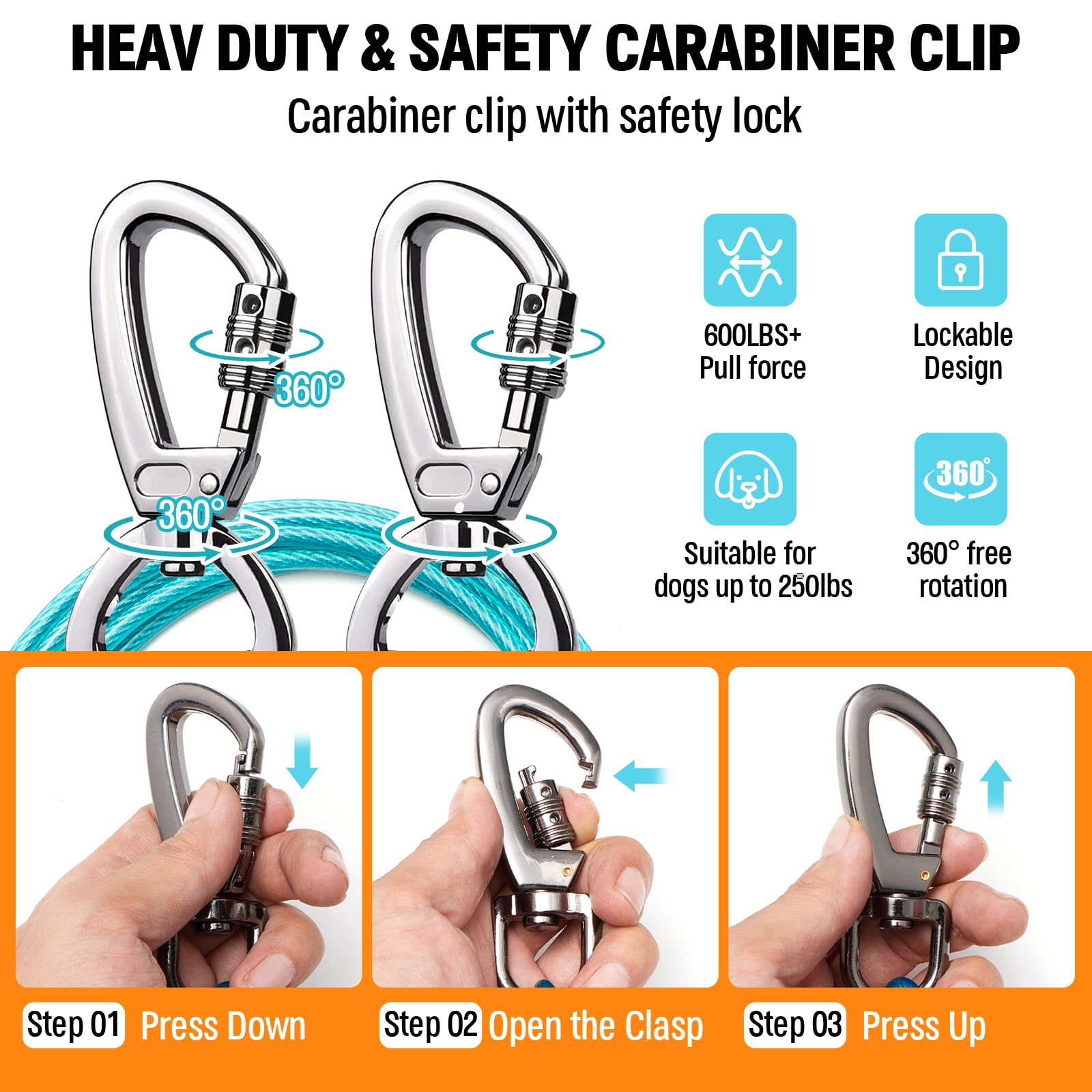 Wormutong 5mm stainless steel cable delivers durability for large dogs up to 250lbs.