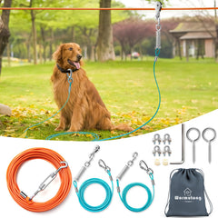 Wormutong heavy-duty dog trolley 50ft setup shows easy outdoor tethering for large breeds.