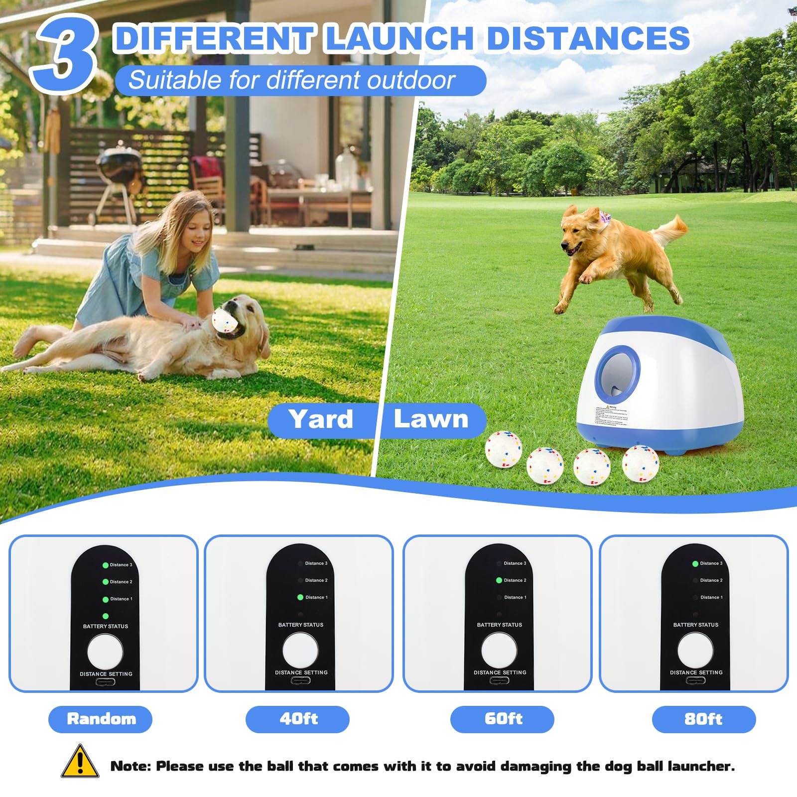 Wortade ball launcher with 40-60-80ft settings emphasizes adaptable training and yard versatility.