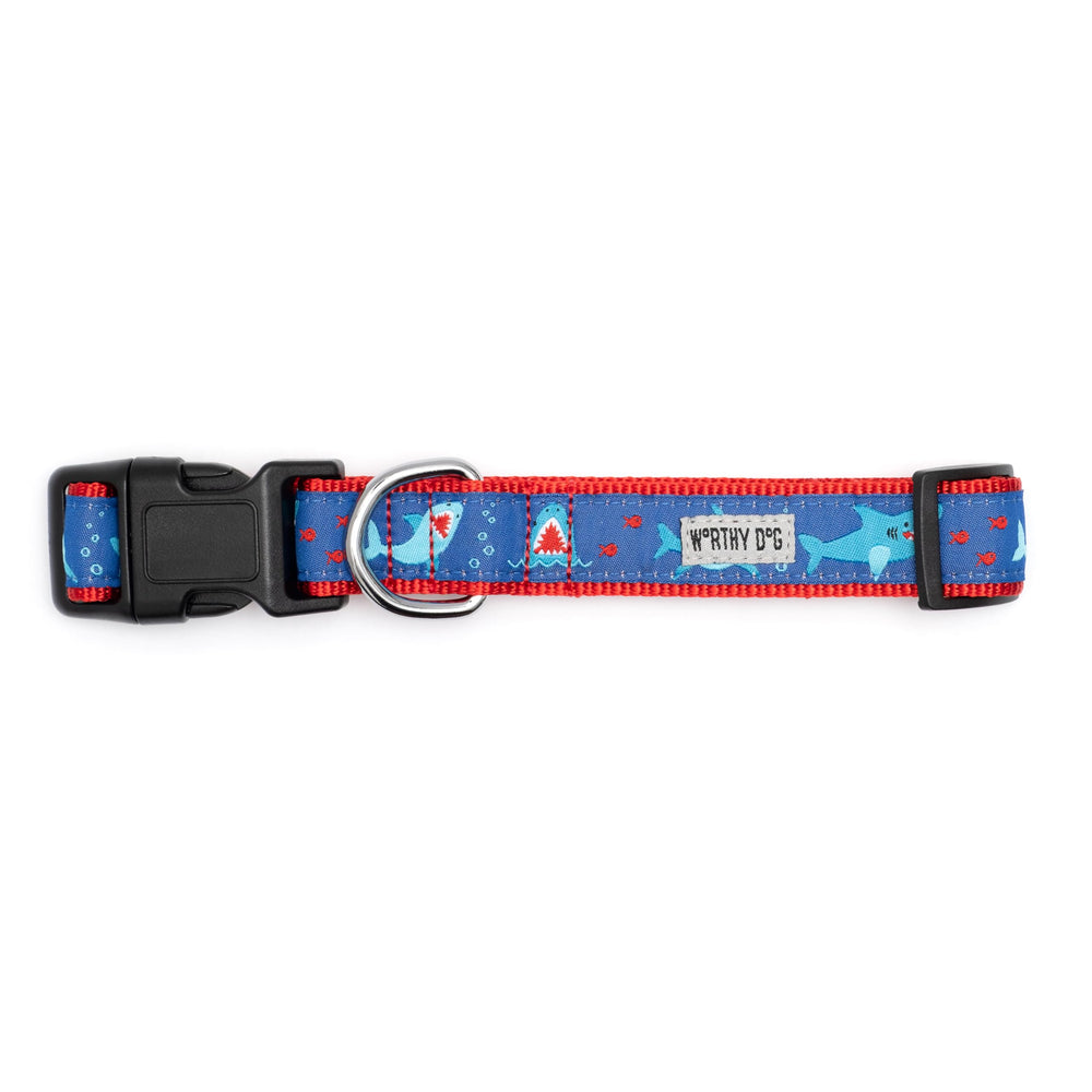 The Worthy Dog chomp shark blue collar buckle closeup highlights quick-release safety and secure fit.