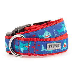 The Worthy Dog chomp shark blue collar front view demonstrates durable daily wear for medium dogs.