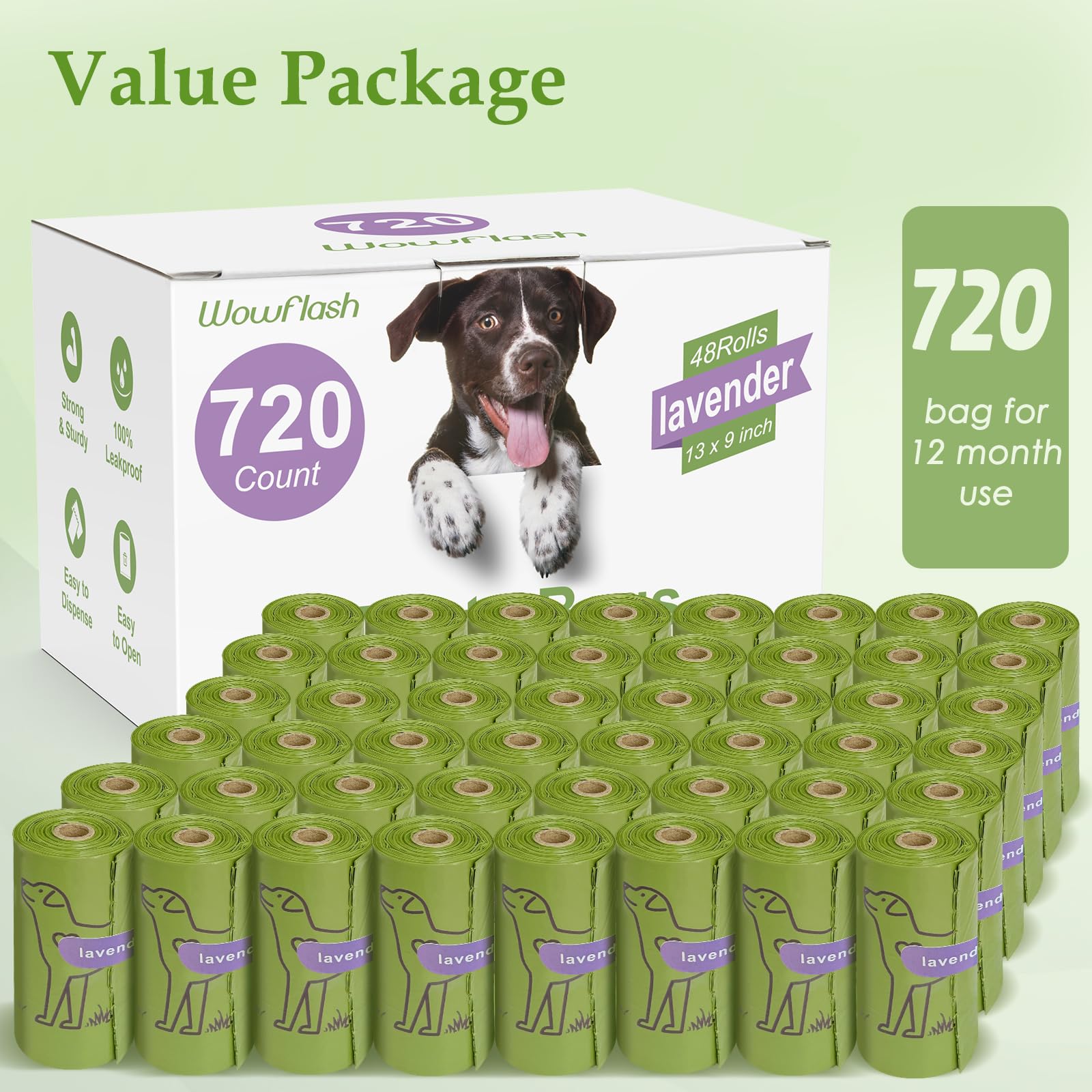 Wowflash value pack of 48 rolls totaling 720 bags for long-term use.