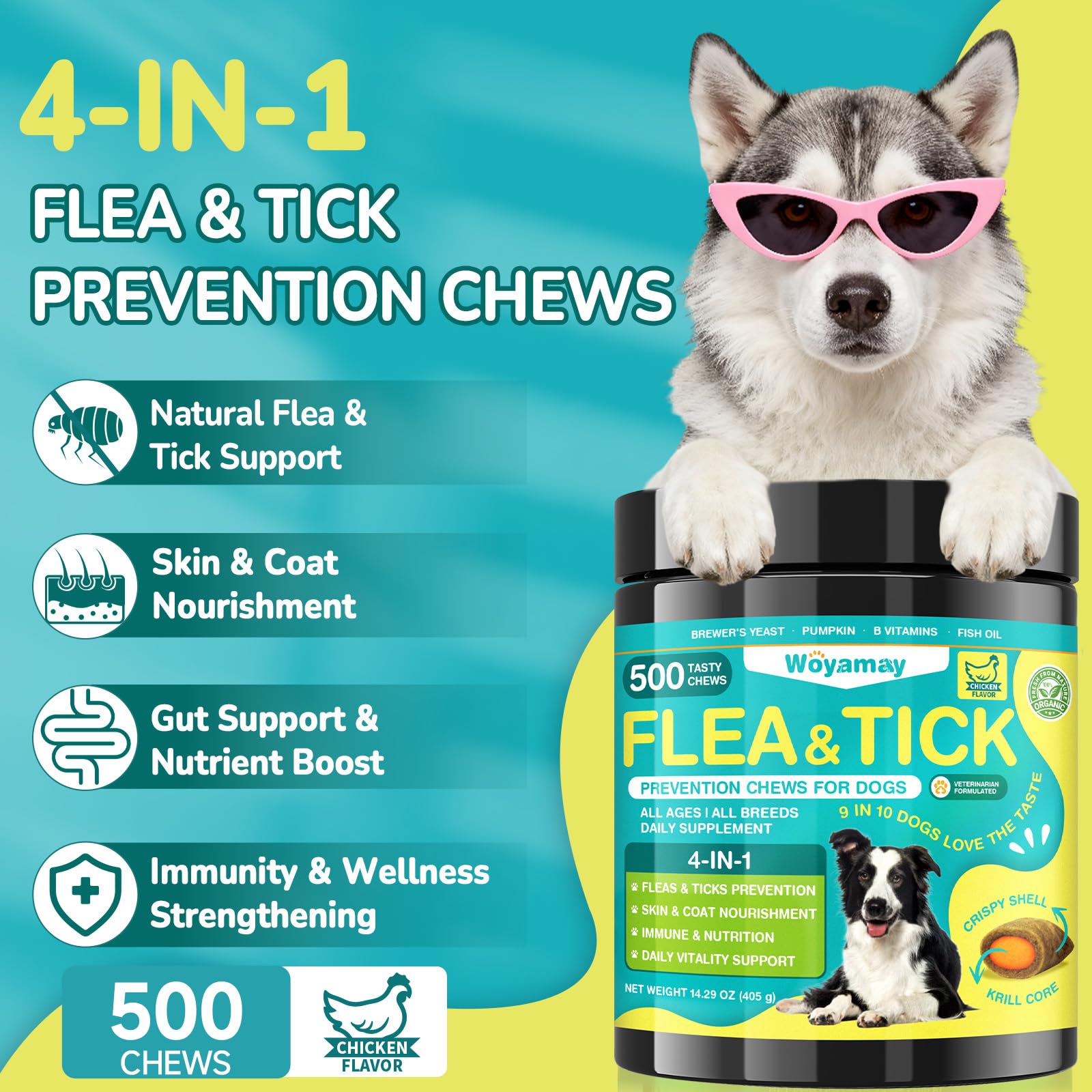Woyamay flea chews with krill core provide tasty protection against pests.
