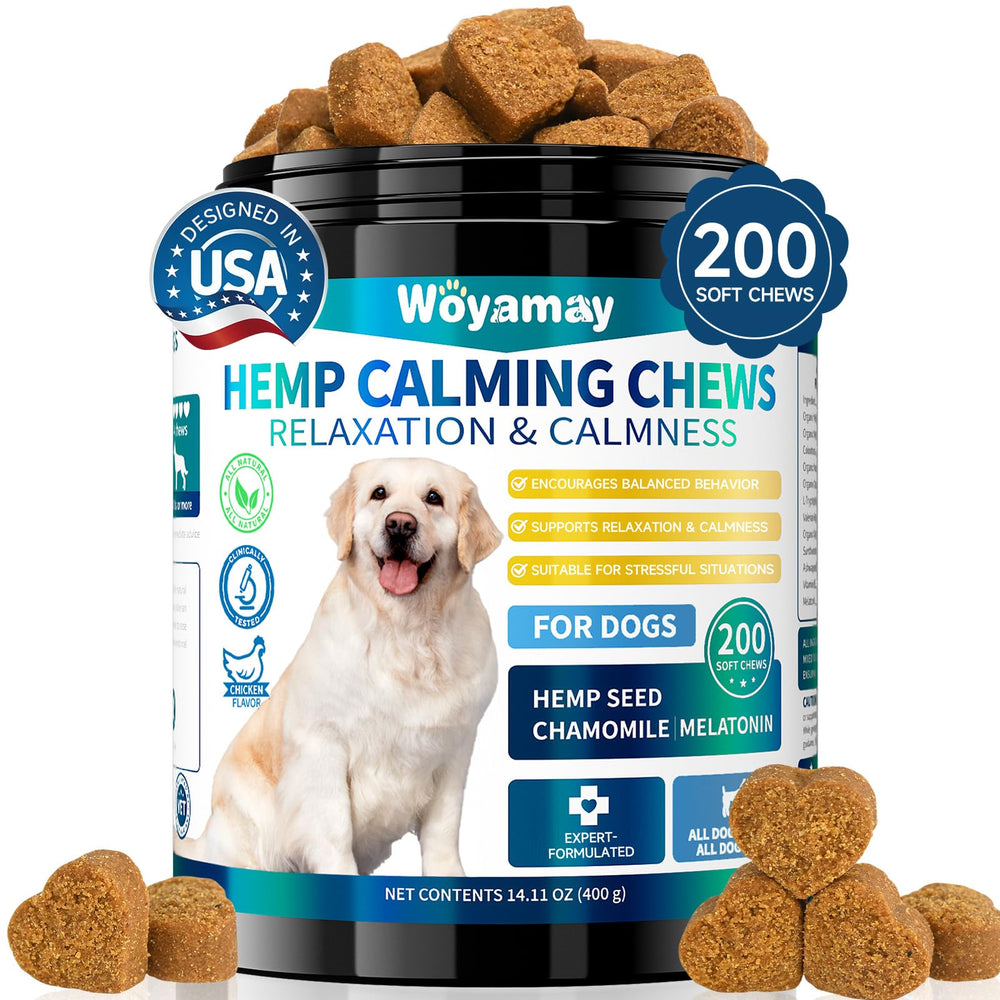 Woyamay hemp calming chews bottle closeup promoting a relaxed mood for dogs