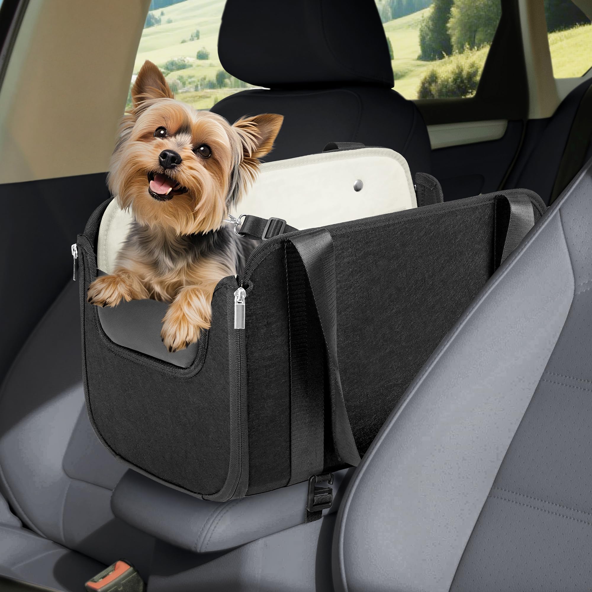WOYYHO console dog car seat with removable liner keeps pets clean and comfy during trips.