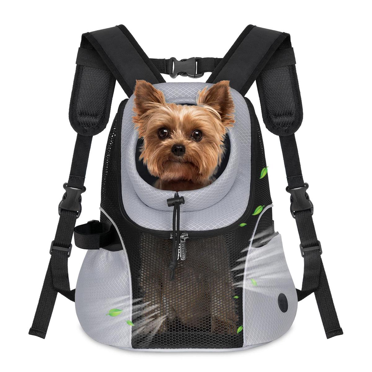 WOYYHO dog carrier backpack front-view shows ventilated mesh for cooling during outdoor trips.