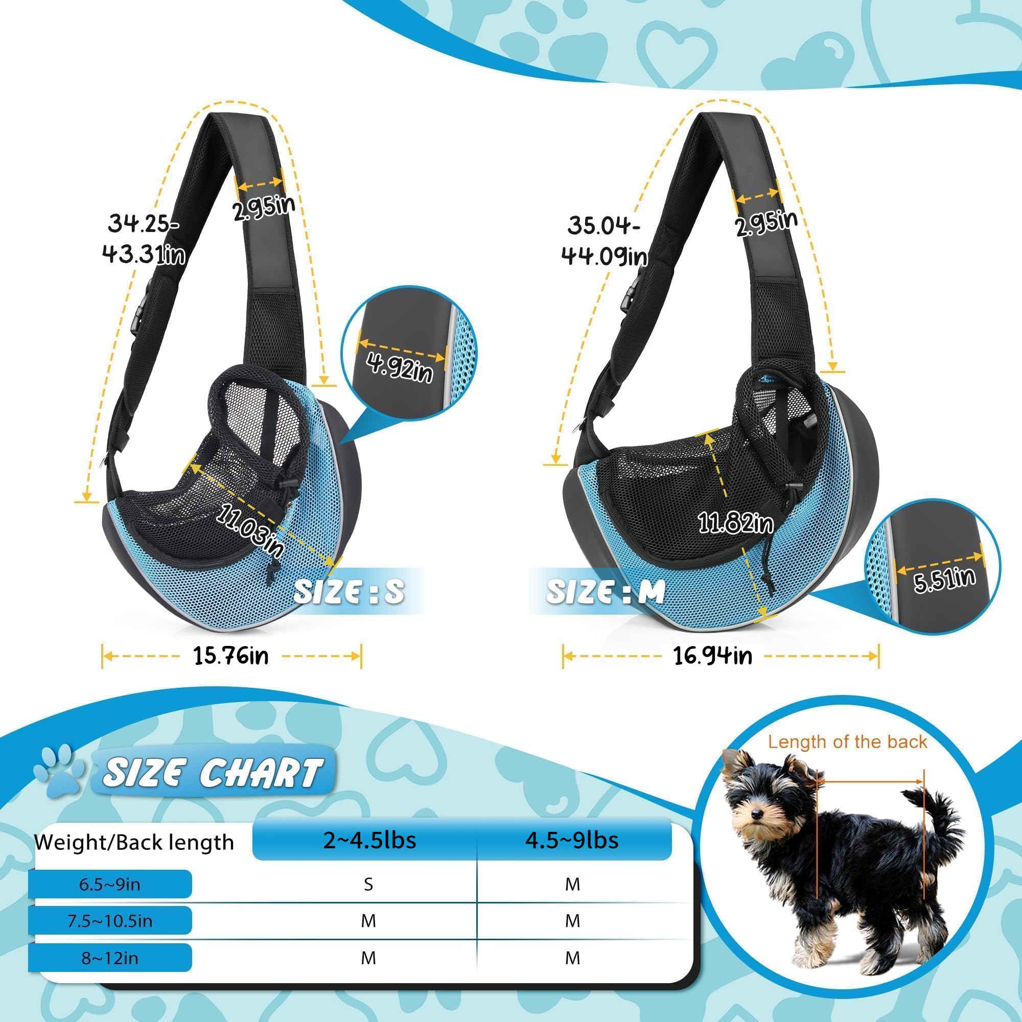 WOYYHO dog sling cyan adjustable-strap demonstrates comfortable wear for different body sizes.