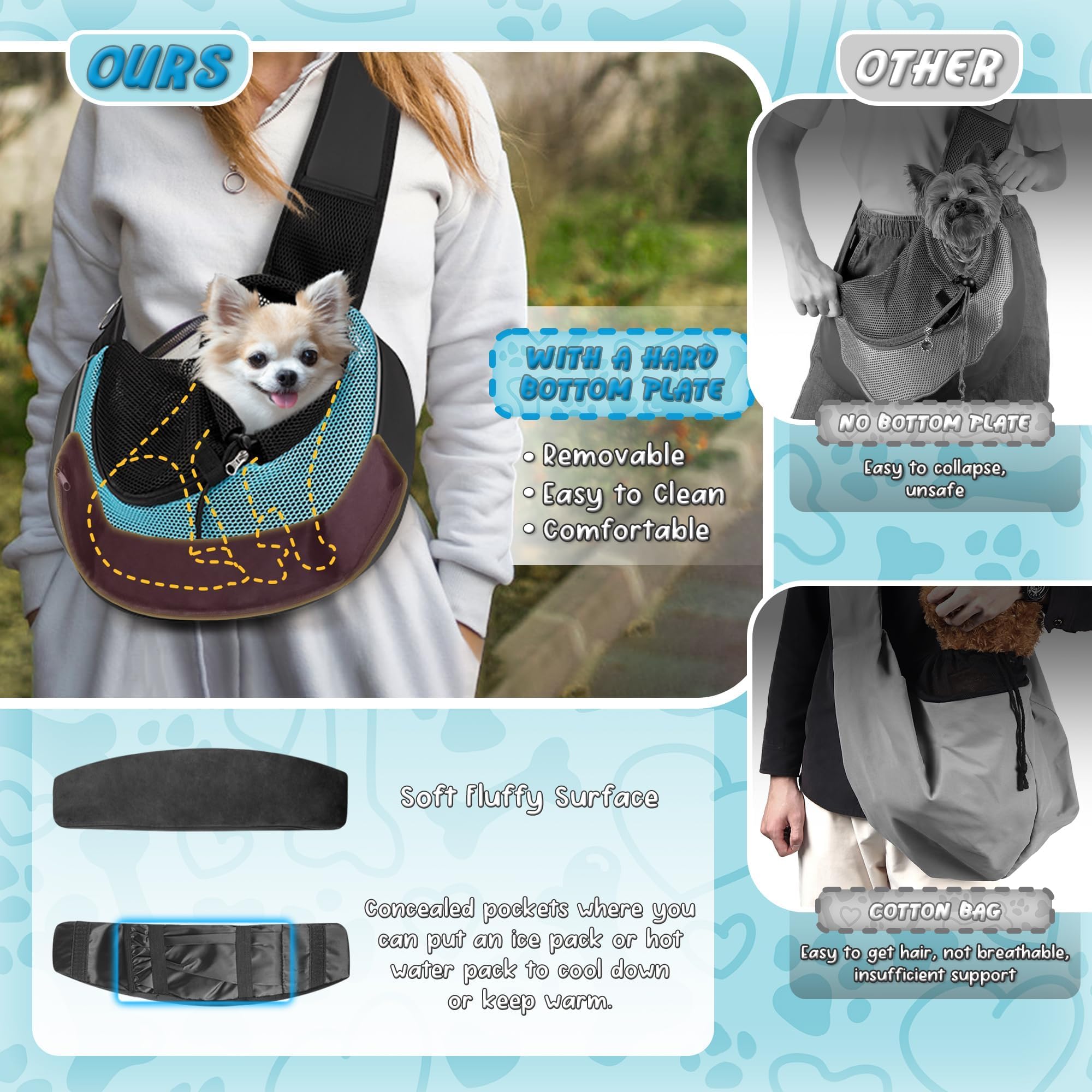 WOYYHO dog sling cyan bottom-with-pet showcases soft fleece padding for cozy rides.