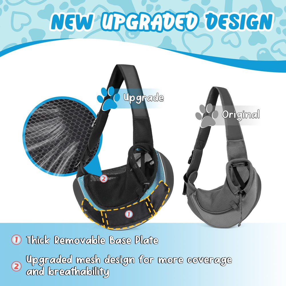 WOYYHO dog sling cyan front detail highlights detachable hard bottom for added support.