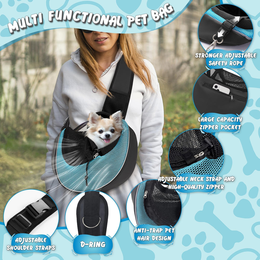 WOYYHO dog sling cyan pocket-storage emphasizes convenient spots for keys and phone.