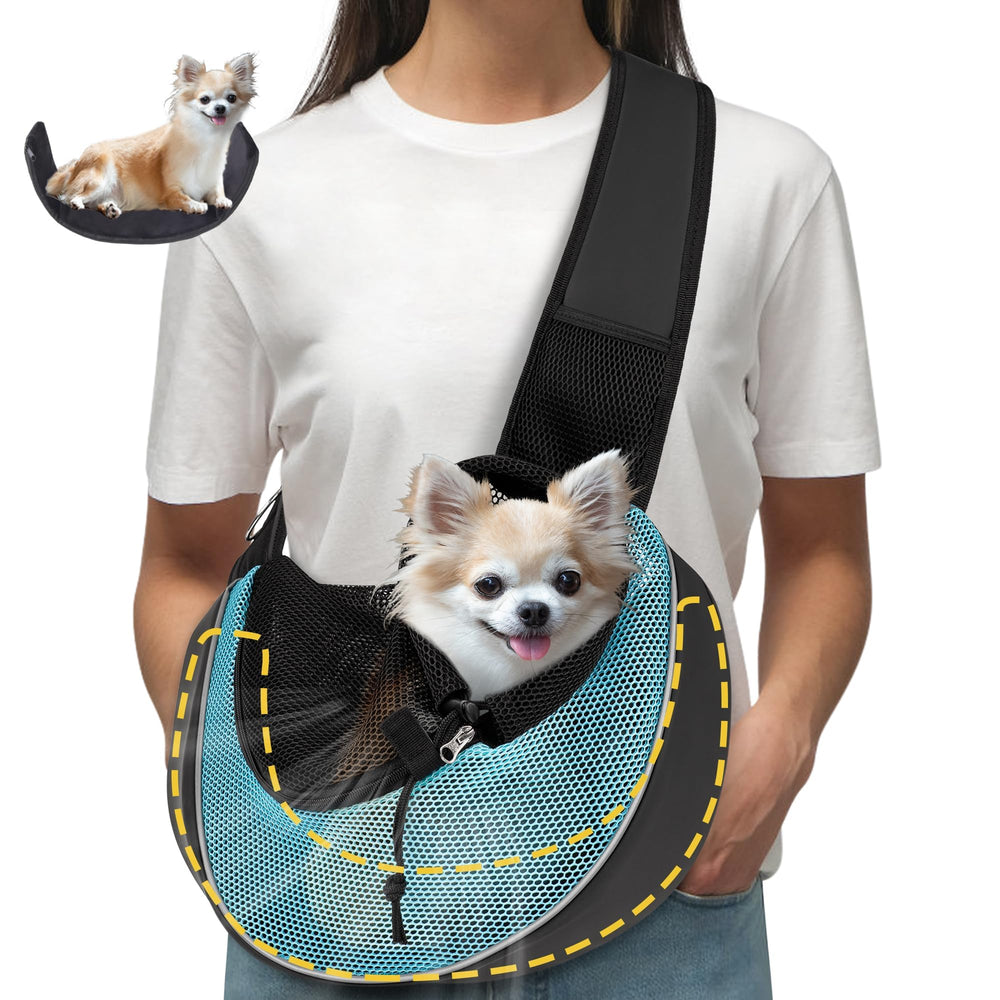 WOYYHO dog sling cyan side view shows breathable mesh for warm-weather comfort.