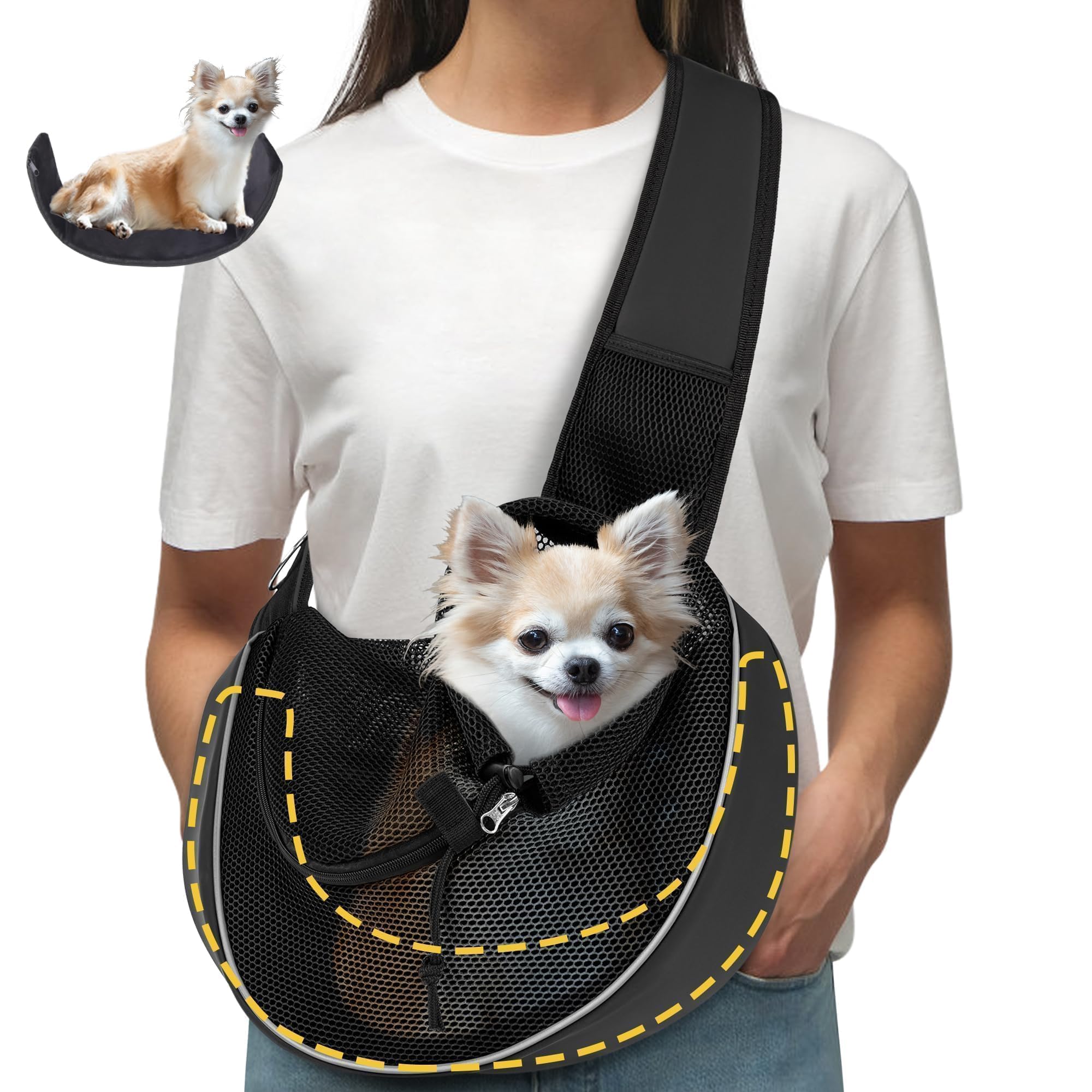 WOYYHO dog sling night-use example showing hands-free travel