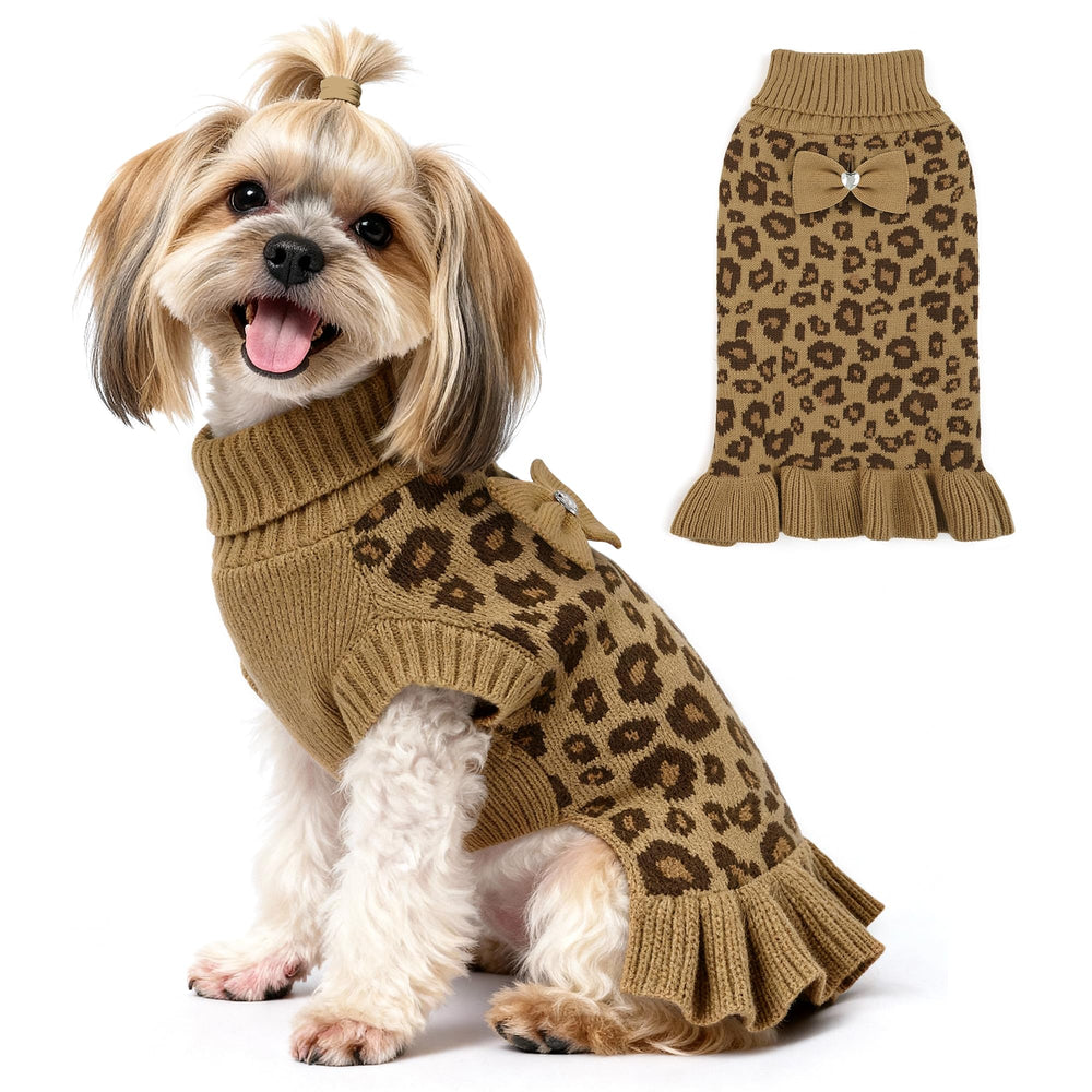 WOYYHO dog sweater dress leopard pleated bowtie provides chic warmth for small breeds.