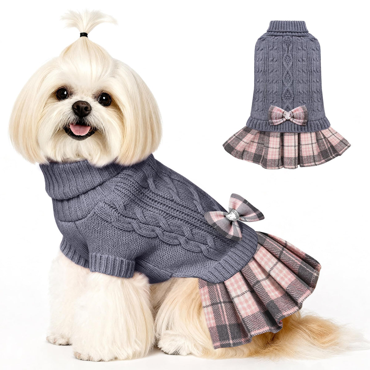 WOYYHO dog sweater dress with plaid skirt offers warm comfort for chilly outings.