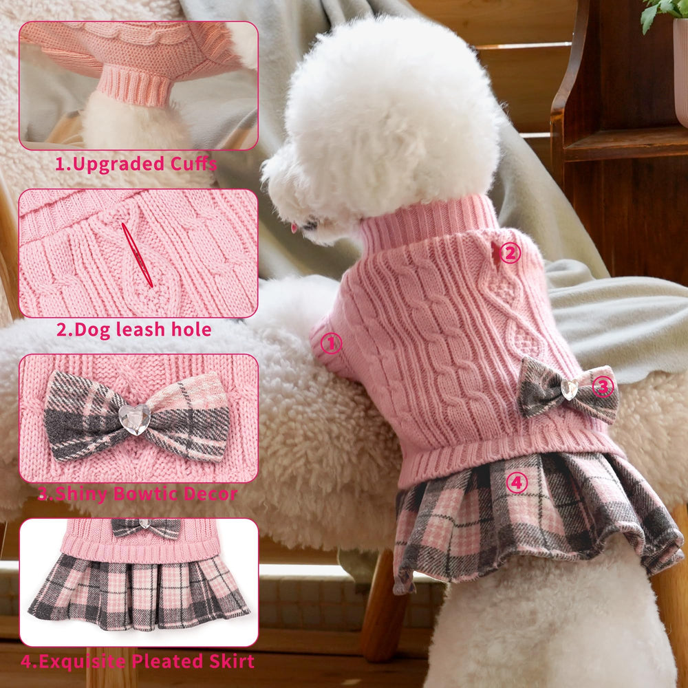 WOYYHO dog sweater plaid skirt for cute photos and outings.