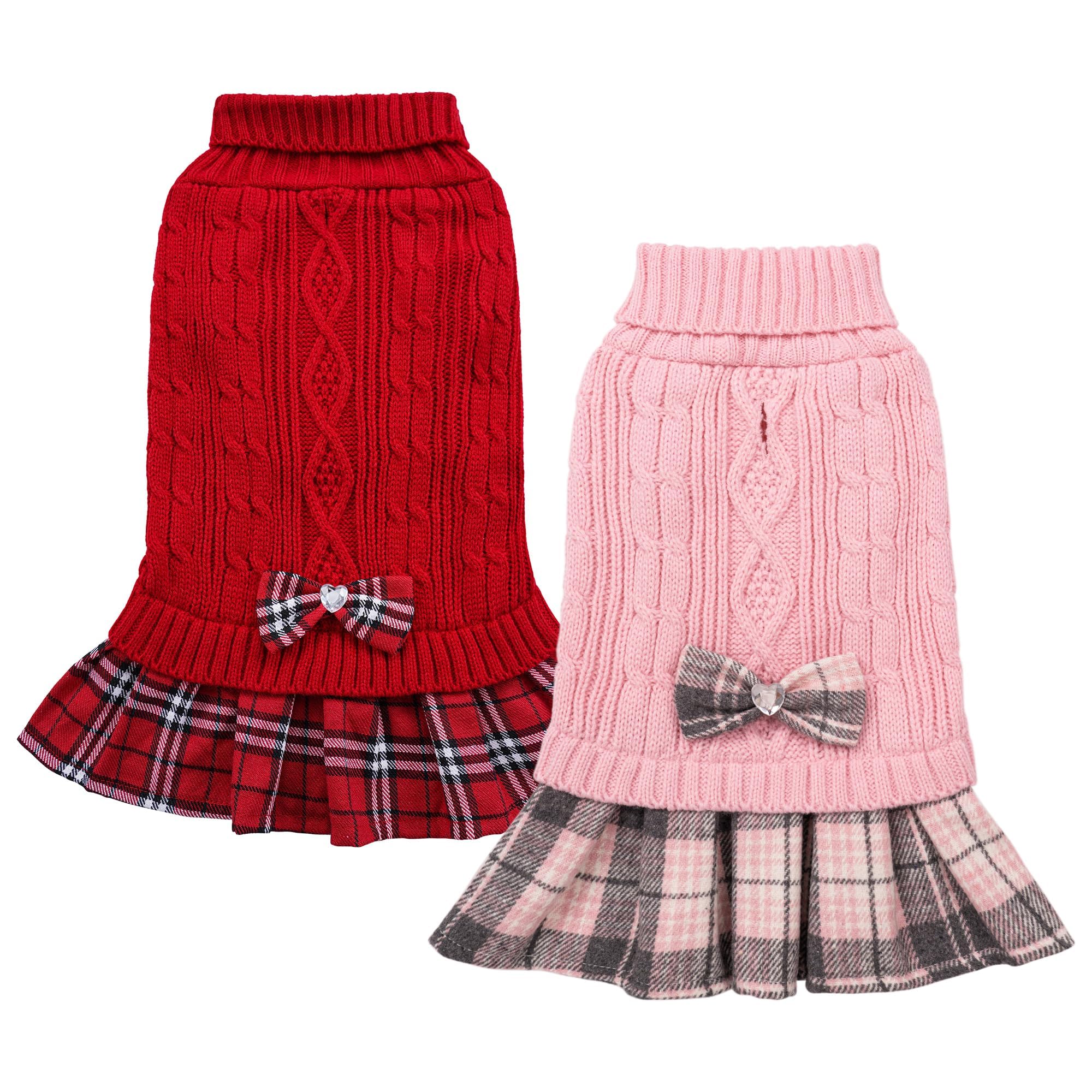 WOYYHO girl dog sweater dress pink bowtie, stylish warmth for small breeds.
