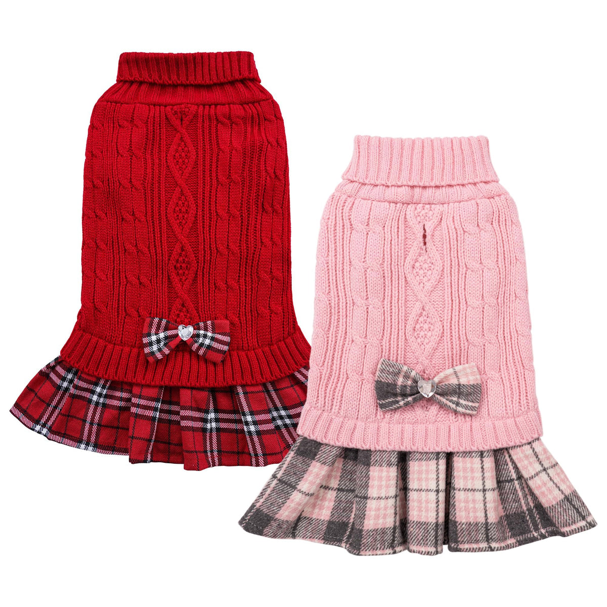 WOYYHO girl dog sweater dress pink bowtie, stylish warmth for small breeds.