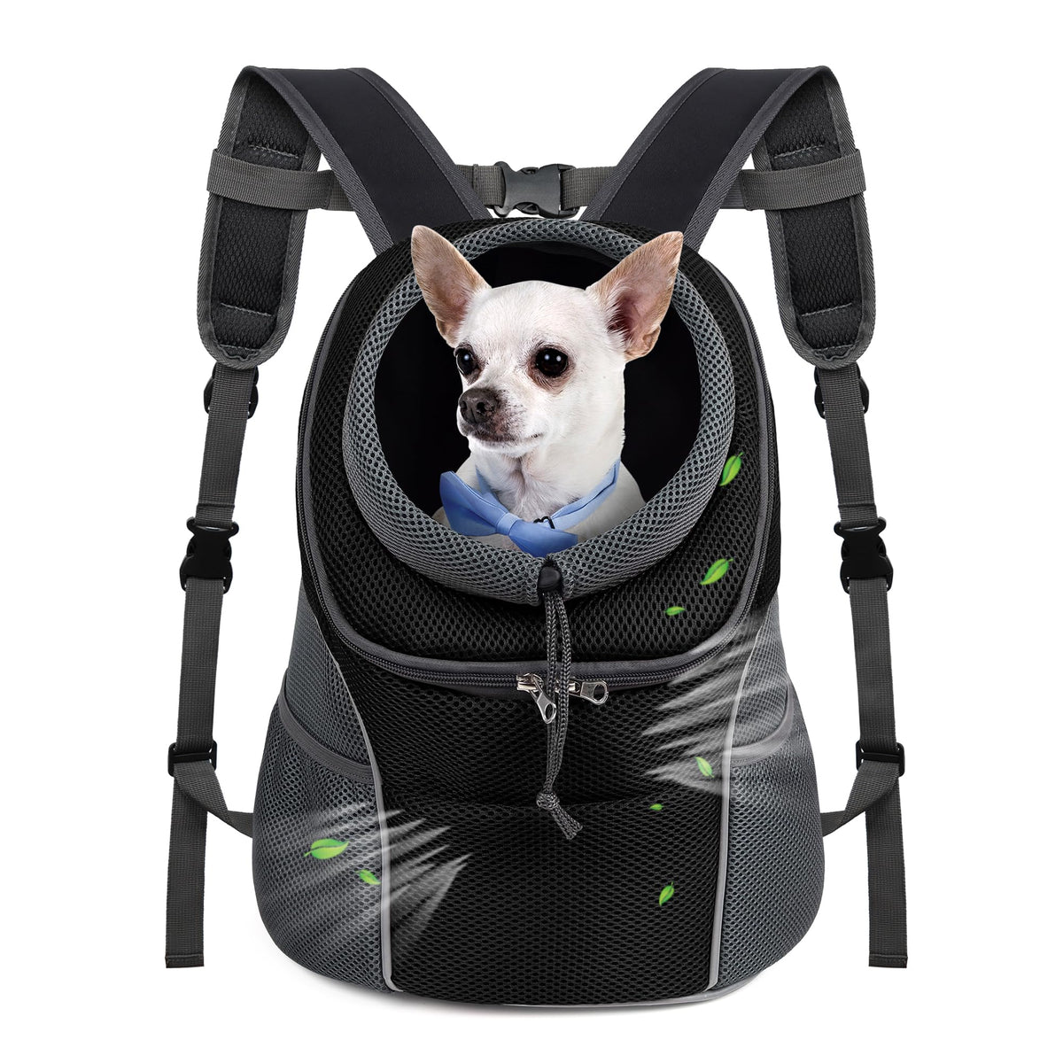 WOYYHO pet carrier front view highlights breathable design for comfortable front-carry travel.