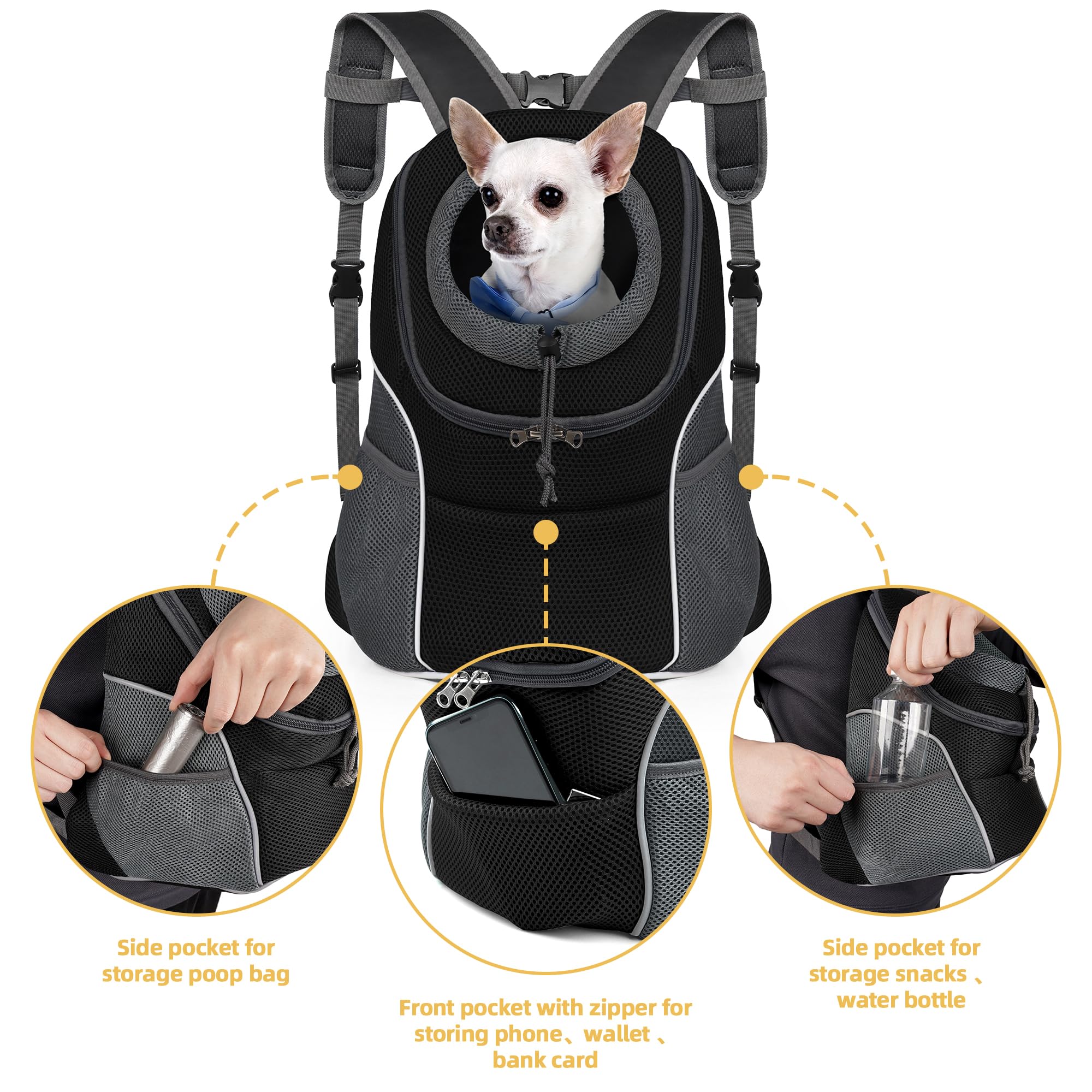 WOYYHO back view of dog carrier highlighting ergonomic support straps.