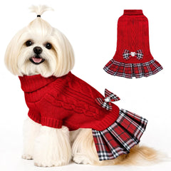 WOYYHO small dog sweater dress with bowtie front view; cute and warm.