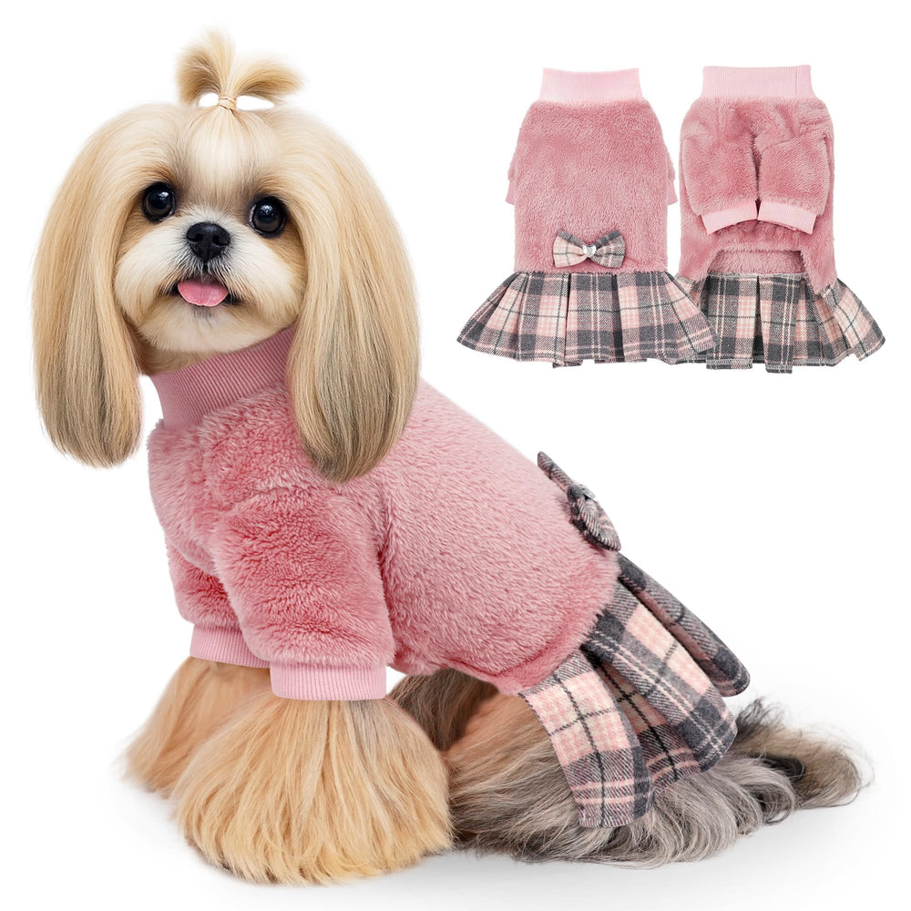 WOYYHO small dog sweater dress front view shows warm, cute pink style