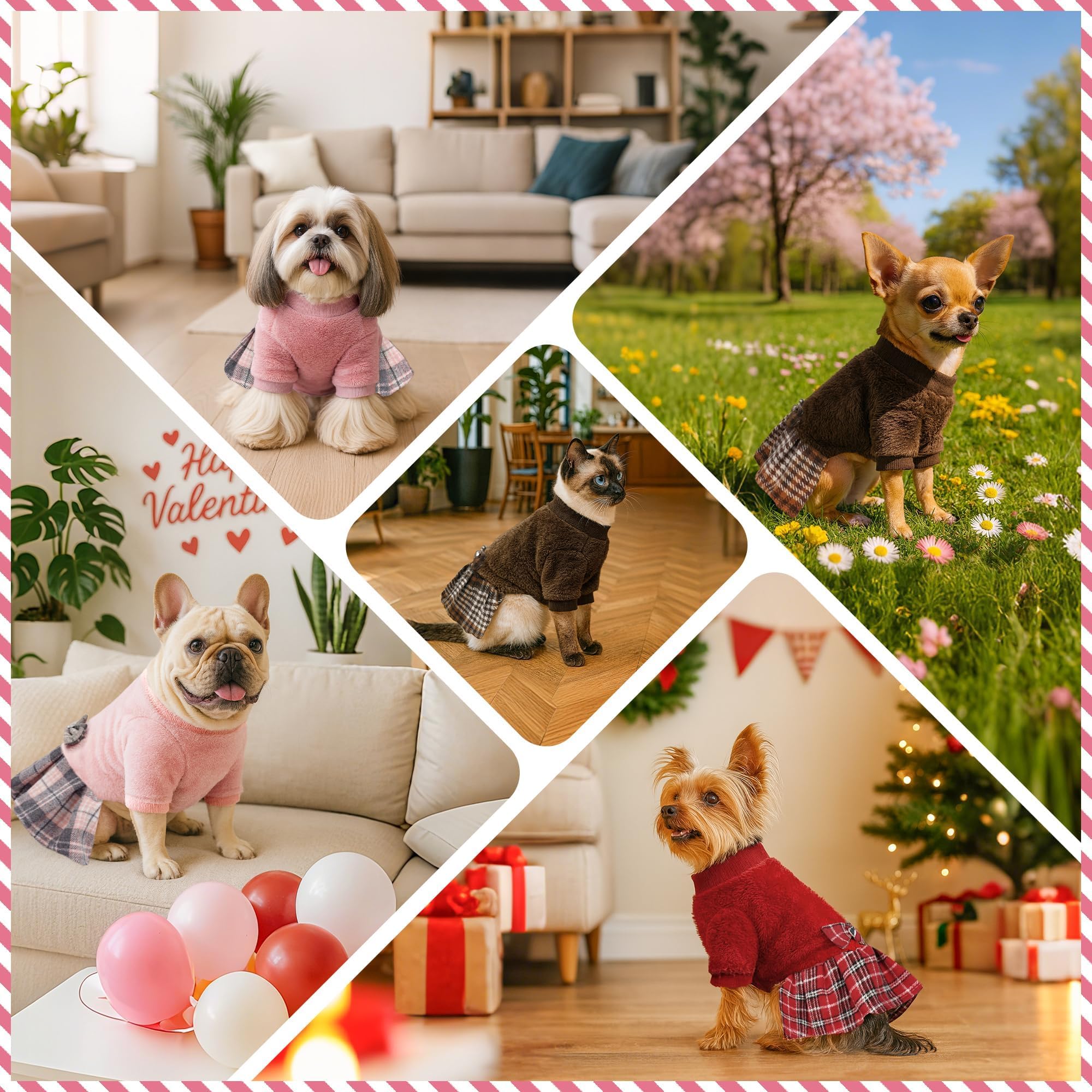 WOYYHO small dog sweater dress side view highlights plaid skirt and bowtie