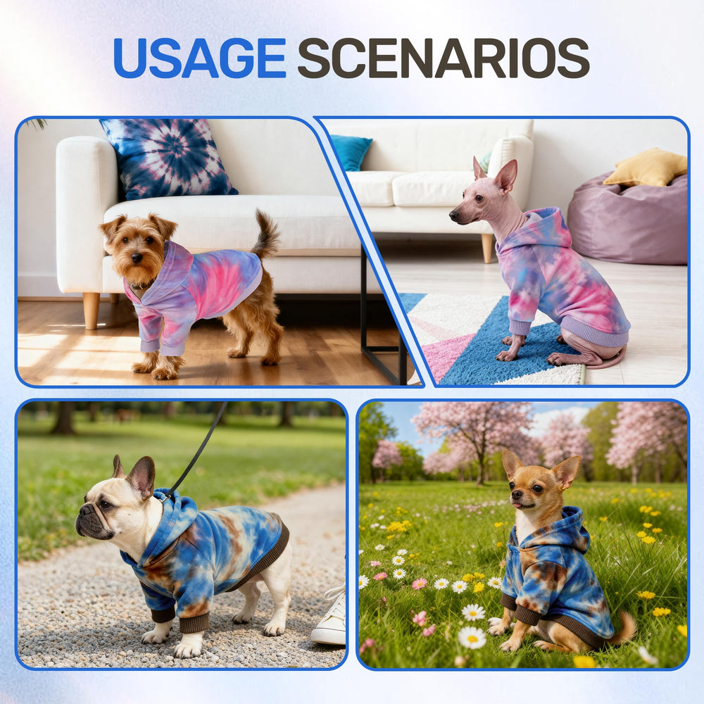 WOYYHO tie-dye dog hoodie side view demonstrates flexible fit for active play.