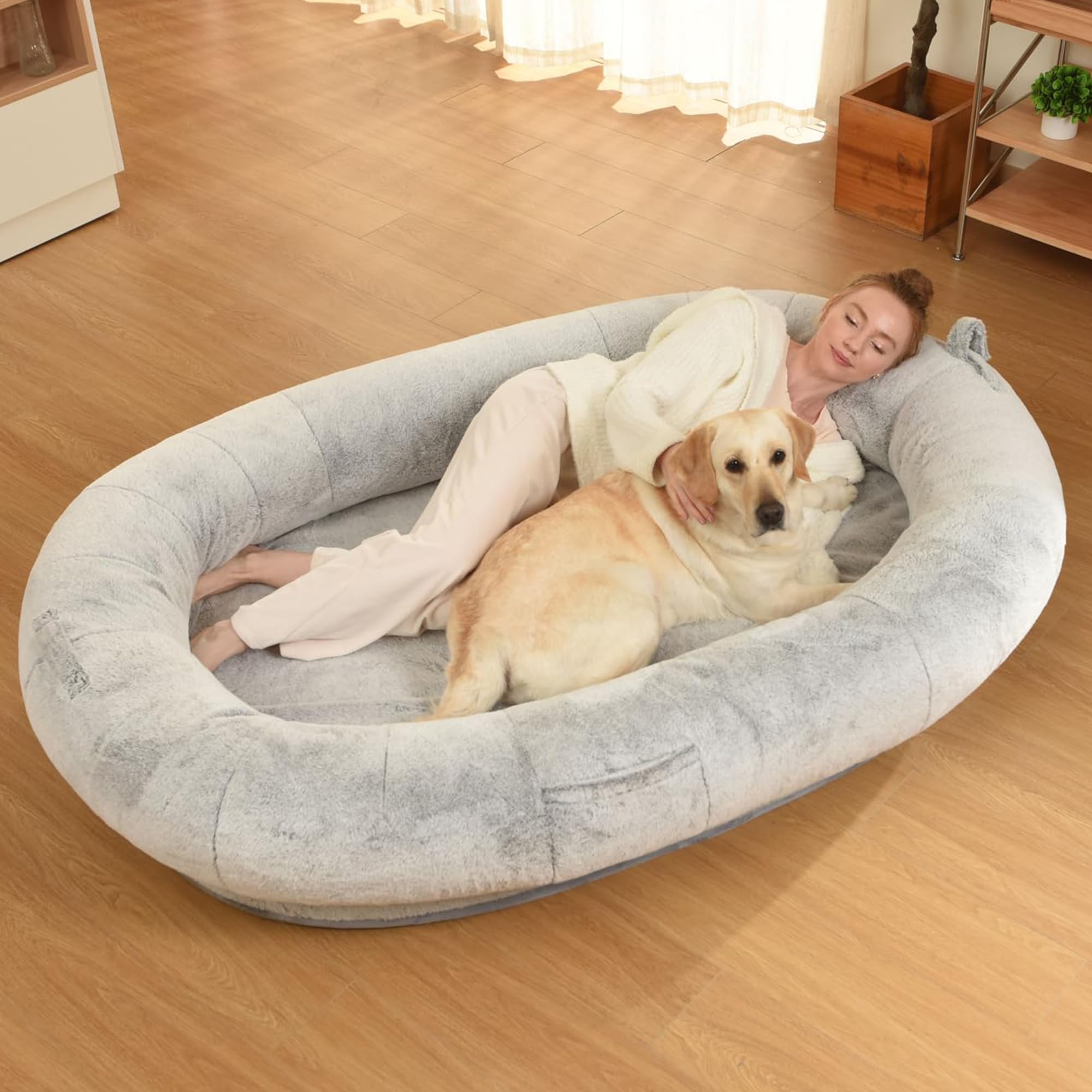 WOZOKE giant grey human dog bed on floor for spacious lounging with pets