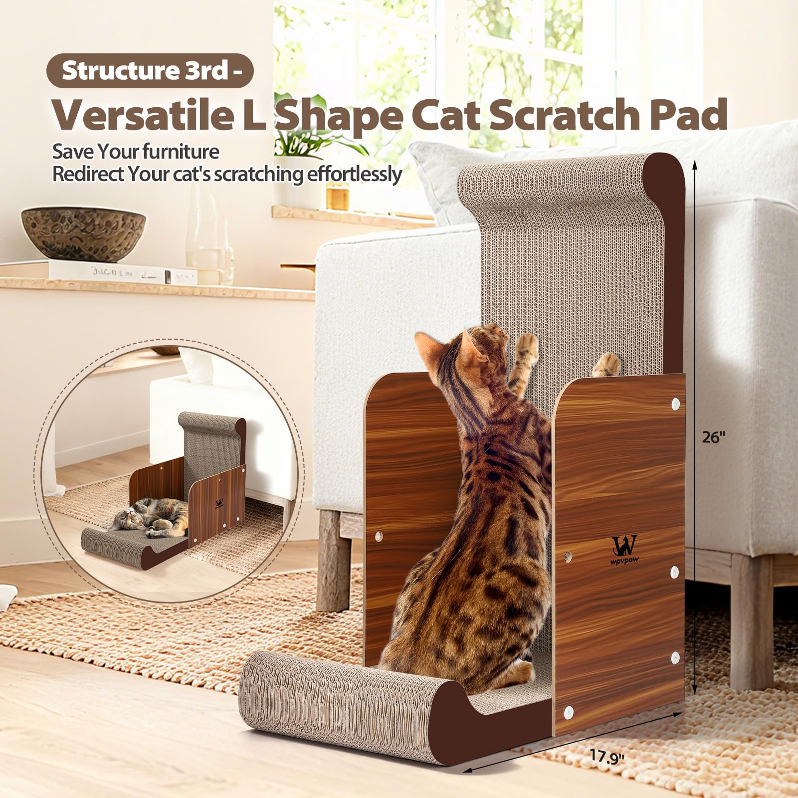 wpvpaw wooden-backdrop cat scratcher shows premium materials and a refined look