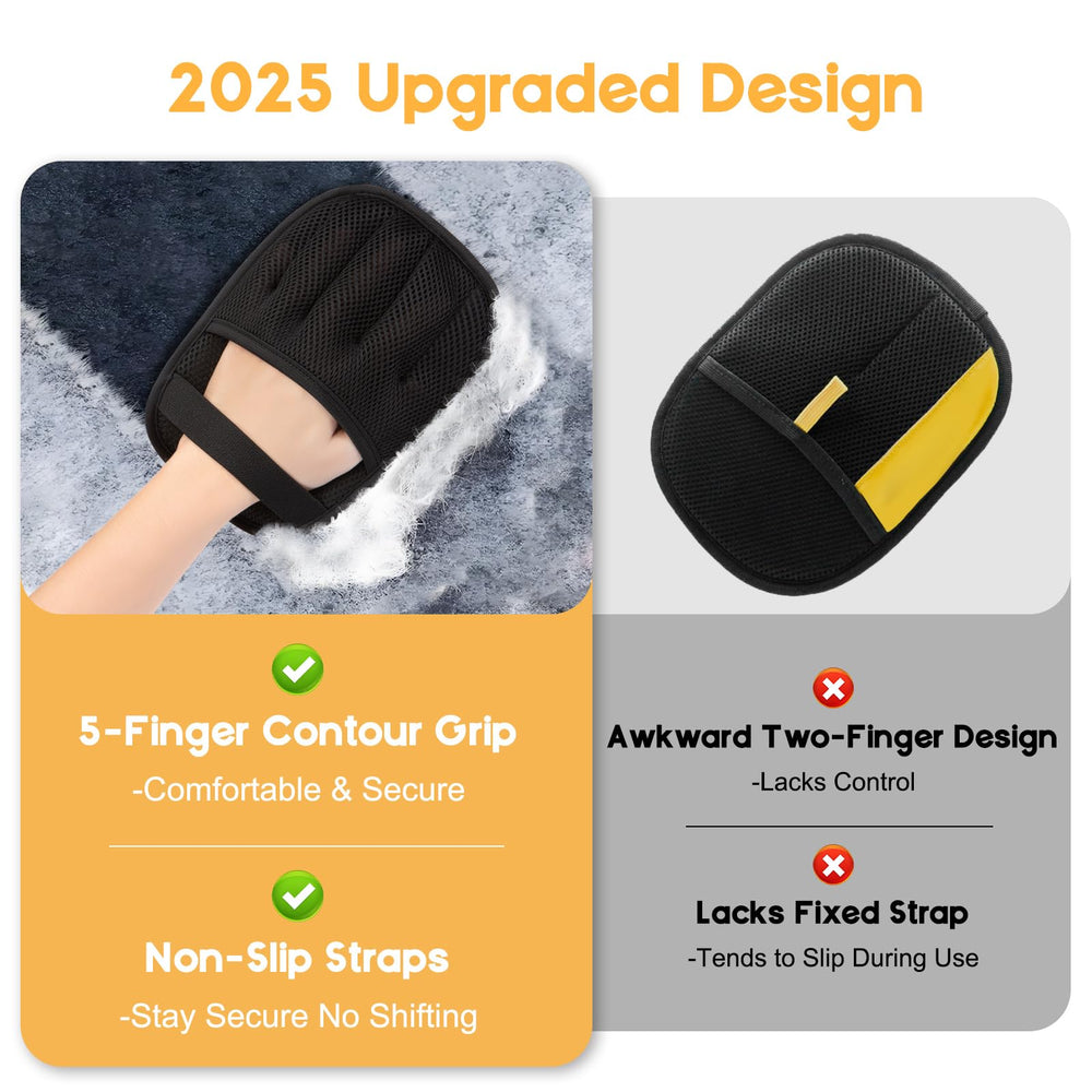 Wqapey glove on hand demonstrates secure grip for easy fur removal on sofas