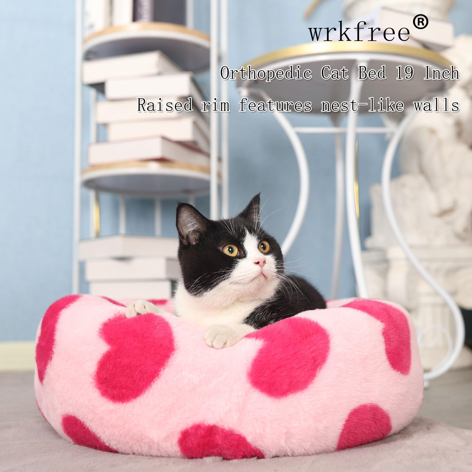 wrkfree cat bed raised rim sherpa provides head and neck support for a restful retreat.